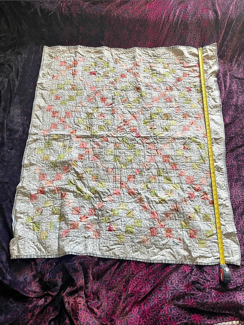 Home made X & O Patchwork Quilted Throw in Gray, grewn & Pink